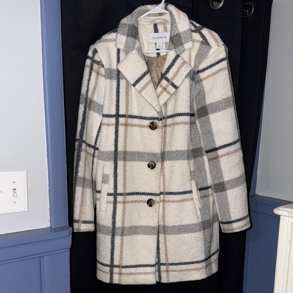 Liz Claiborne Women's Plaid Pea Coat - Cream and Black